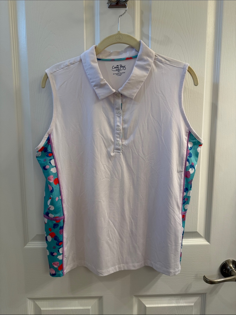 Coral Bay White Sleeveless Polo Tank with Teal and Pink Side Panels